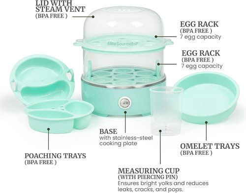 Elite Gourmet Easy Egg Cooker - Stainless Steel, Two-Tiered, 14-Egg Capacity, Auto Shut-Off | Mint