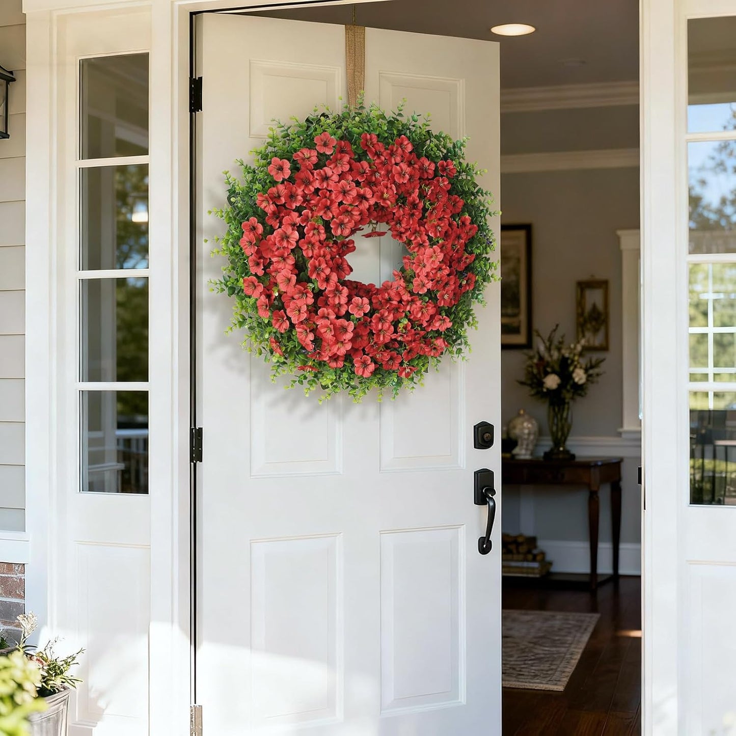 Skiennix 26" Large Artificial Eucalyptus Wreath - Realistic Faux Silk Morning Glory Flowers for Home & Wedding Decor (Red)