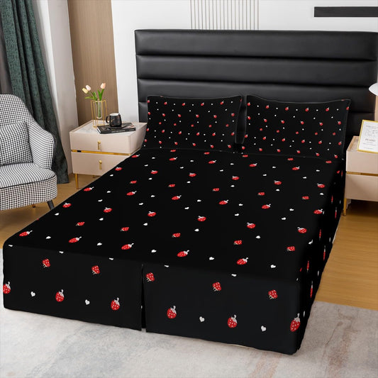 Strawberry Kids Bed Skirt Red Black and White Bedding Bed Skirts Queen Size Kawaii Strawberry Bedskirt for Boys Girls Bedroom Decor Women Men Cute Sweet Tropical Fruit Dust Ruffle Pleated Fitted Sheet