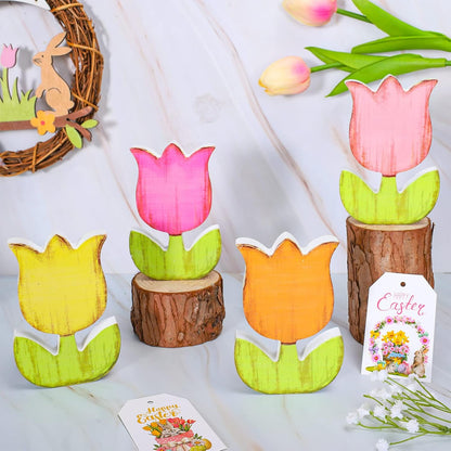 Whaline Spring Tulips Wood Signs - Rustic Floral Table Decor for Farmhouse Centerpieces | 4-Piece Set