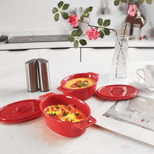 Ceramic Mini Oval Cocotte Set - 10 Oz Small Casserole Dishes with Lids & Handles | Red 7.1 Inch, Oven & Microwave Safe