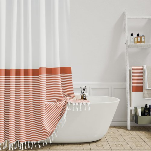 Dynamene Orange Fabric Shower Curtain, Farmhouse Boho Striped Tassel Shower Curtain for Bathroom, Bohemian Textured Cloth Shower Curtain Set with Hook, Water Repellent, Wrinkle Free, 72x72