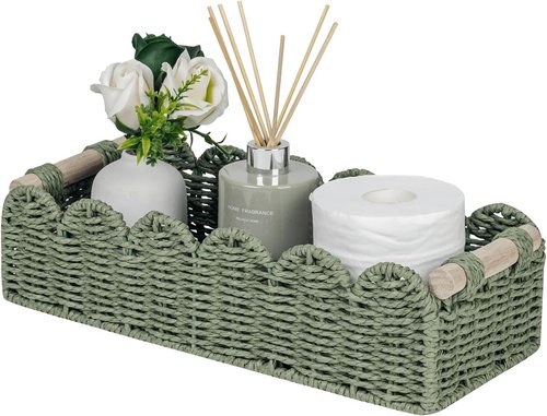 CubesLand Toilet Paper Storage Basket - Scalloped Edge Green Decor | Cozy Small Paper Rope Baskets with Handles