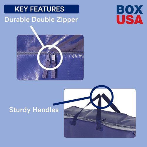 BOX USA Moving Bags - Heavy Duty 4-Pack with Strong Handles & Zippers | Extra Large Storage for College & Moving - Blue