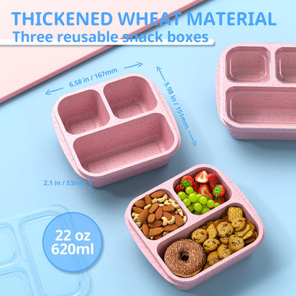 Enstphjoy Snack Boxes (3 Pack) - Stackable Bento Boxes with 3 Compartments, Meal Prep Containers Reusable, Lightweight Lunch Containers for Kids and Adults, BPA Free (Pink)