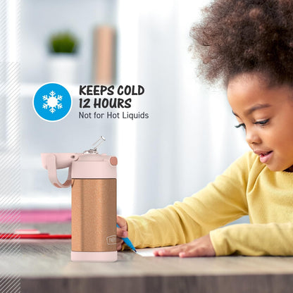 THERMOS FUNTAINER 12 Ounce Stainless Steel Kids Straw Bottle - Vacuum Insulated, Rose Gold