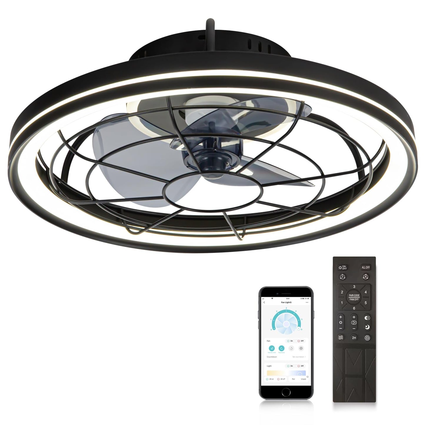 Liibodi Enclosed Ceiling Fans with Lights, Flush Mount Modern Ceiling Fan and Remote Control,18.89 In Fandelier Ceiling Fan with Light,3000K-6500K Dimmable LED Fan Light,Black Ceiling Fans with Lights