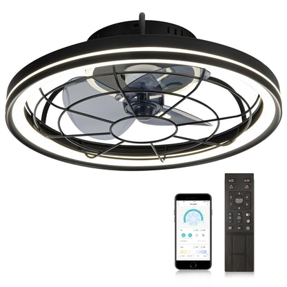Liibodi Enclosed Ceiling Fans with Lights, Flush Mount Modern Ceiling Fan and Remote Control,18.89 In Fandelier Ceiling Fan with Light,3000K-6500K Dimmable LED Fan Light,Black Ceiling Fans with Lights