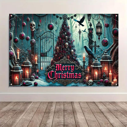 Gothic Christmas Banner Large 71x43 Inch Holiday Fabric Backdrop with Skull Tree Ravens Candles - Multicolored