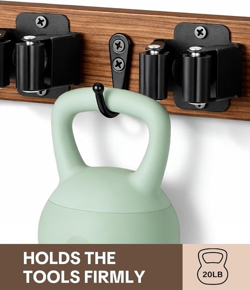 Lorbro Broom Holder Wall Mount - 2 Pack Wooden Mop Organizer with 4 Slots & Hooks | Ideal for Laundry Room, Garage, Kitchen