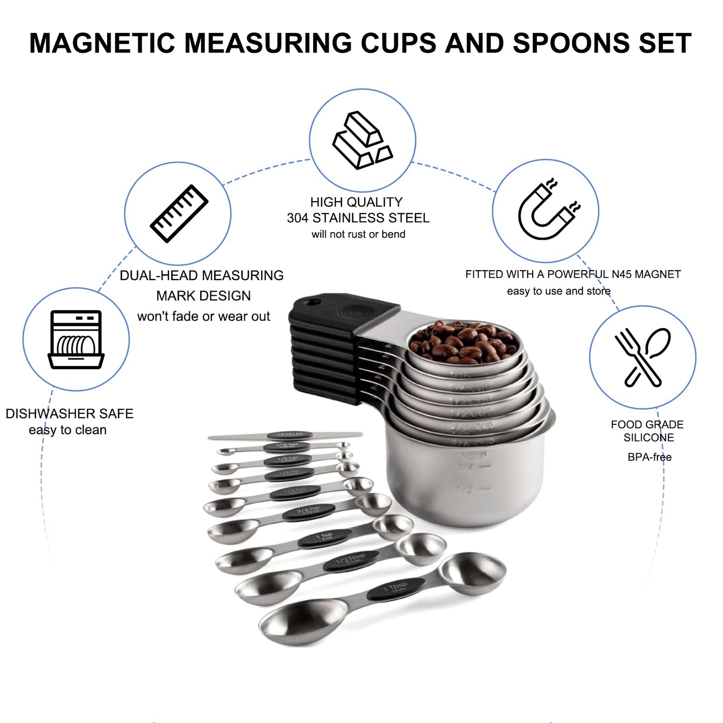 Spalivivre Magnetic Measuring Cups and Spoons Set, 16PCS with 7 Stainless Steel Measuring Cups 8 Magnetic Spoons and 1 Leveler for Measure Dry and Liquid Ingredients, Dishwasher Safe and Stackable