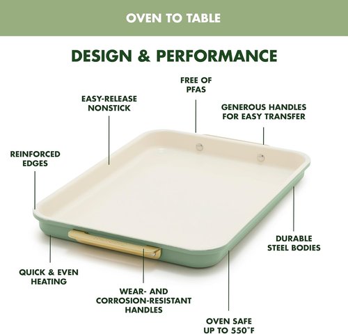 GreenPan Bakeware Set - 7 Piece Nonstick Ceramic Baking Sheets & Pans | PFAS & BPA Free, Sage Green