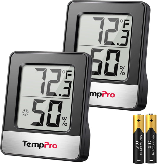 TempPro Digital Hygrometer | 2-Piece Indoor Thermometer & Humidity Meter - Black Weather Station
