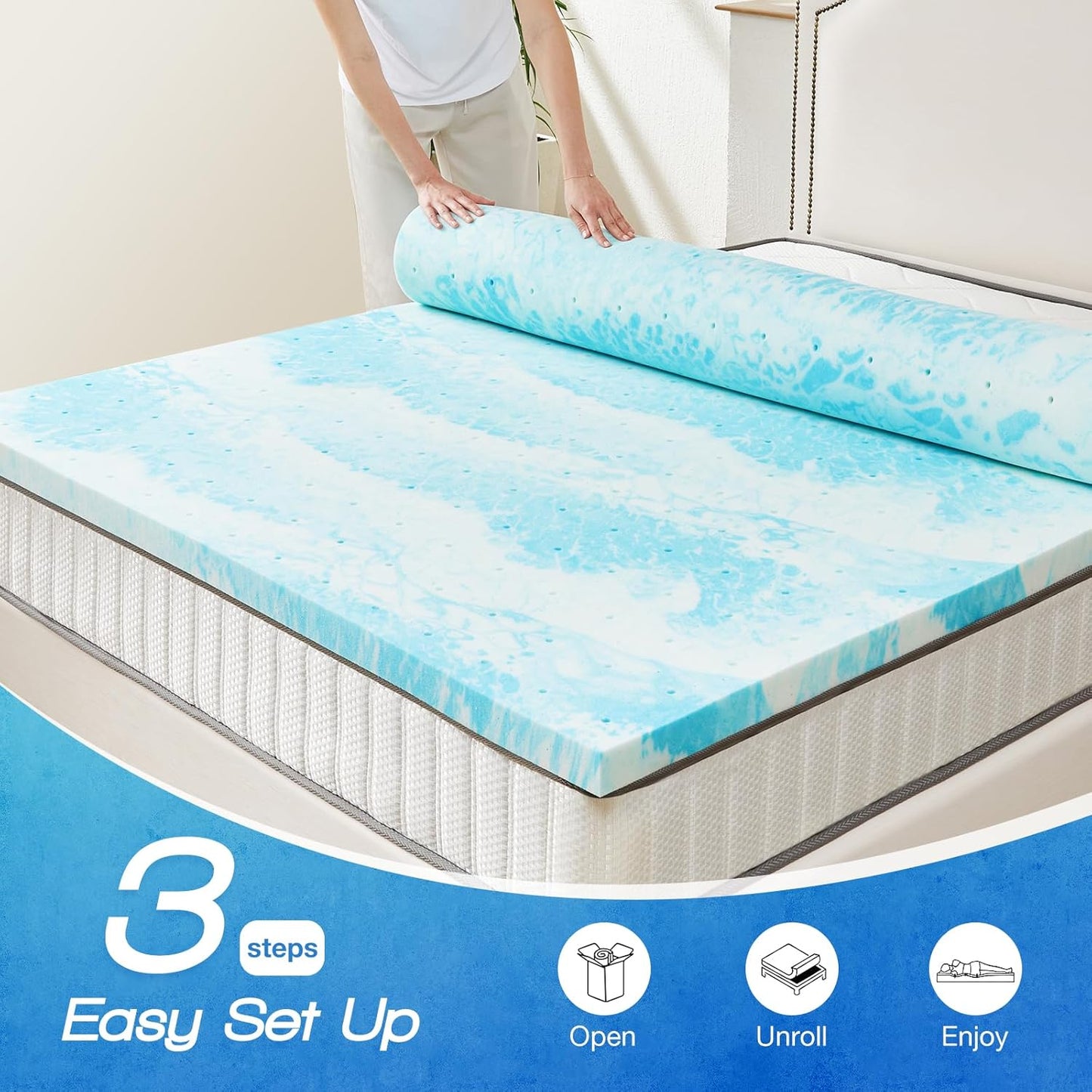Sweetcrispy Memory Foam Mattress Topper - 3 Inch Thick Gel-Infused Cooling Pad for King Size Bed