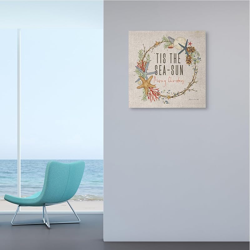 Nautical Christmas Wreath - 24 x 24 Inch Canvas Wall Art (Unframed, Wrapped Canvas)