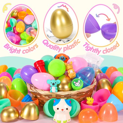 SevenQ Easter Basket Stuffers 48Pcs Prefilled Easter Eggs with Toys Cars Squishy Erasers Stamps for Kids Fidget Toy Plastic Egg Fillers Hunt Pinata Party Favor Bags Classroom Treasure Box Essentials