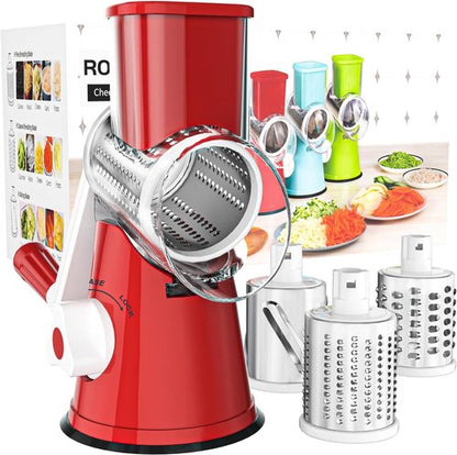Cambom Rotary Cheese Grater - Hand Crank Shredder for Fresh Cheese & Vegetables | Non-Slip Base, Red