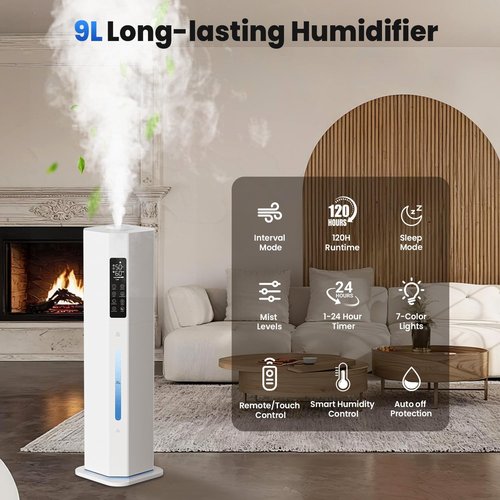 GloryAir Humidifier - 2.38 Gal Top Fill Cool Mist for Large Rooms | 120-Hour Run Time, Auto Mode, 7-Color Light