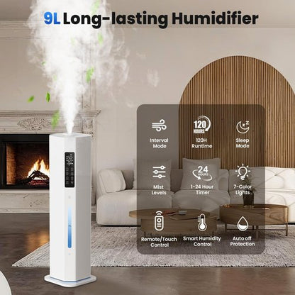 GloryAir Humidifier - 2.38 Gal Top Fill Cool Mist for Large Rooms | 120-Hour Run Time, Auto Mode, 7-Color Light