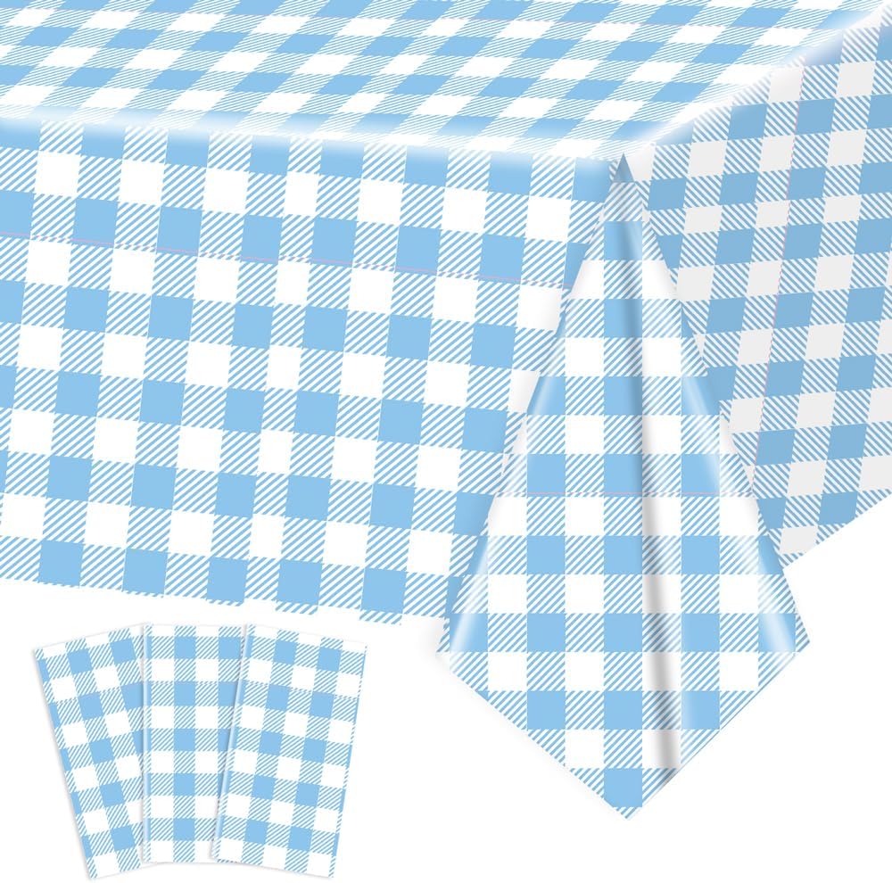 Skiennix Light Blue Checkered Tablecloth - 54" x 108" Waterproof Disposable Cover for Parties & Picnics