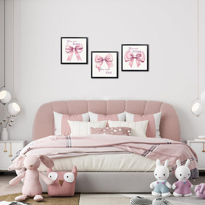 WELMECO Bow Wall Decor - Inspirational Framed Art Set for Girls | 12x12 Inch, Black Frame, 3 Pieces