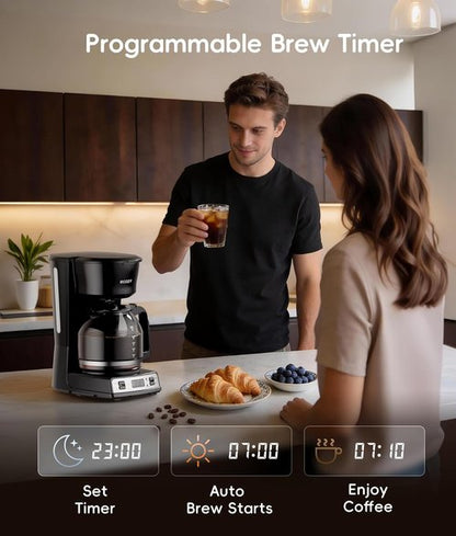Brezzano DuoSet 12-Cup Drip Coffee Maker - Programmable with Electric Grinder & Washable Filter