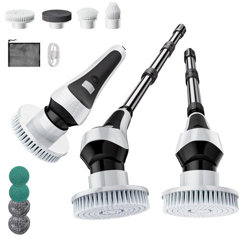 Electric Spin Scrubber,Cordless Cleaning Brush with Power Display Screen,IP68 Waterproof Shower Cleaning Brush with 8 Replaceable Brush Heads,Adjustable & Detachable Handle and 2 Adjustable Speeds