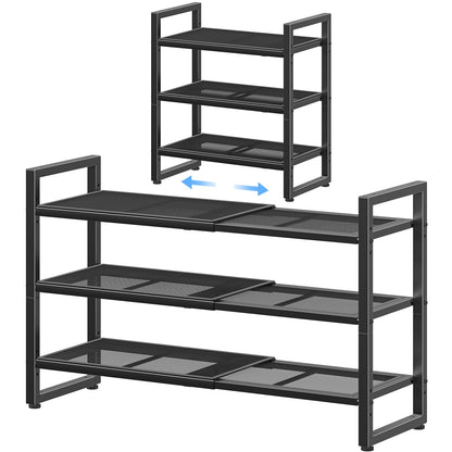 Simple Trending 3-Tier Expandable Shoe Rack, Adjustable & Stackable Shoe Organizer, Metal Mesh Free Standing Shoe Shelf Storage for Closet Entryway Doorway, Black