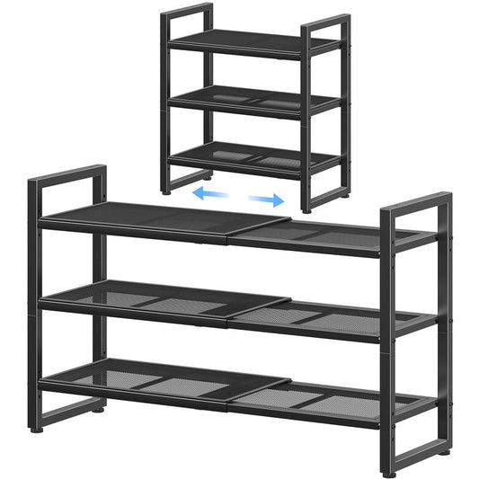 Simple Trending 3-Tier Expandable Shoe Rack, Adjustable & Stackable Shoe Organizer, Metal Mesh Free Standing Shoe Shelf Storage for Closet Entryway Doorway, Black
