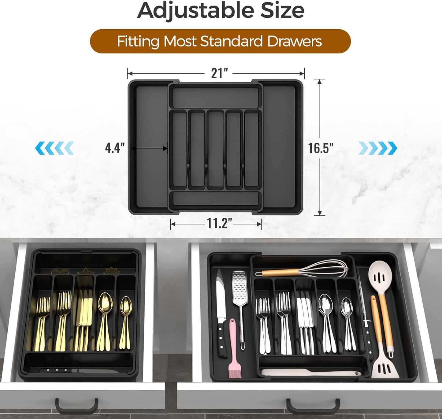 Ukeetap Extra Large Expandable Silverware Organizer - BPA-Free Cutlery Drawer Holder | Adjustable Black Design