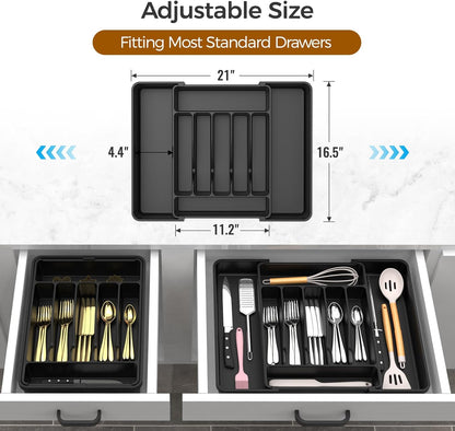 Ukeetap Extra Large Expandable Silverware Organizer - BPA-Free Cutlery Drawer Holder | Adjustable Black Design