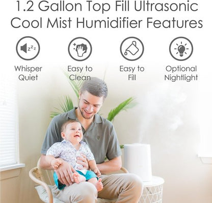 Crane Ultrasonic Cool Mist Humidifier - 1.2 Gallon Essential Oil Diffuser with Nightlight & Auto Shut-Off