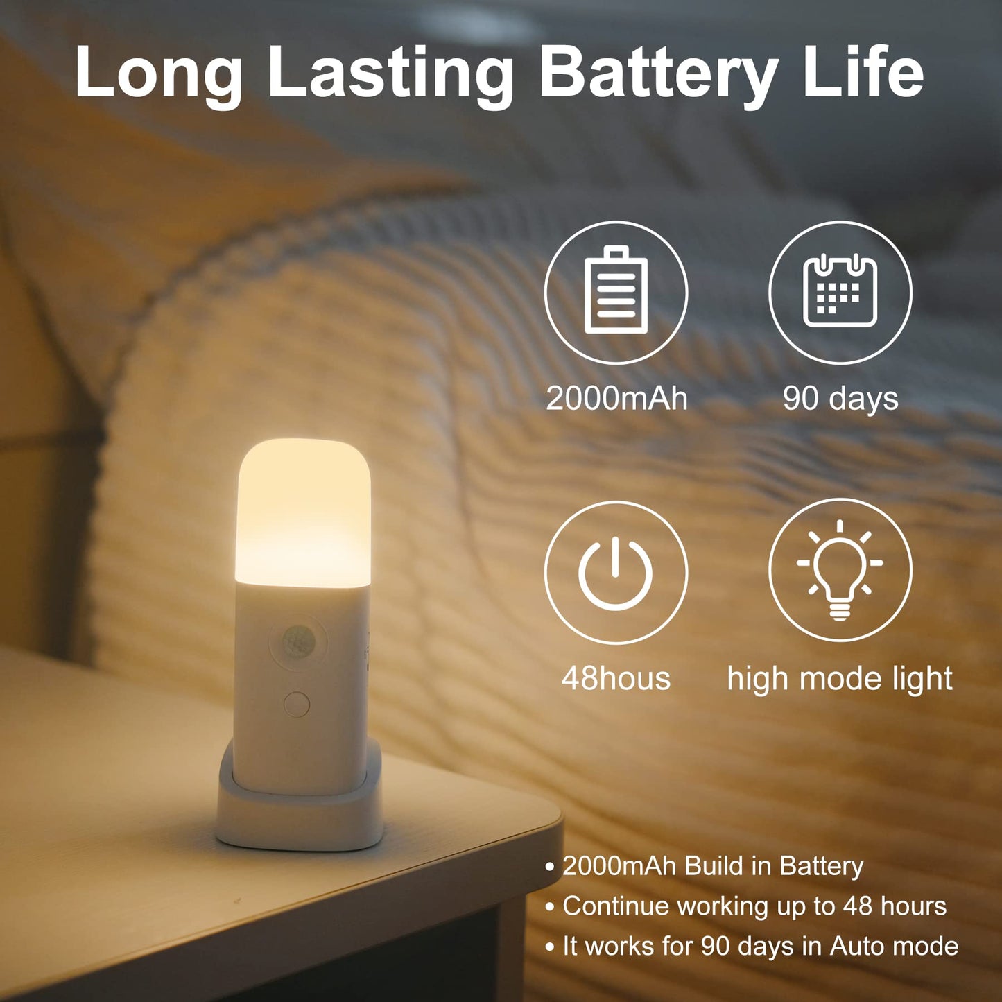 YELKO Motion Sensor Night Light, 2000mAh Rechargeable Night Lights Battery Powered, PortableＤimmable Nightlights with 5 Brightness Levels for Kids,Adults (Warm White 2Pack)