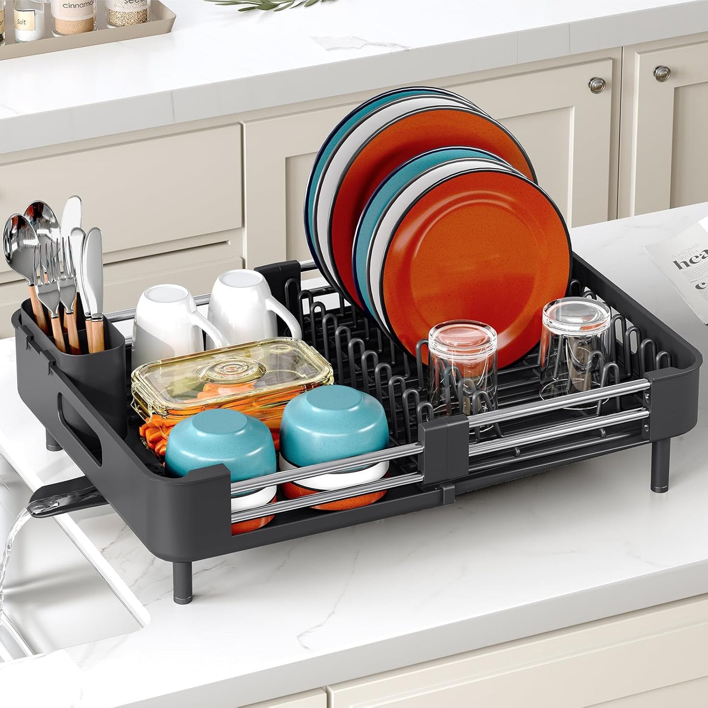 TOOLF Dish Drying Rack - Expandable Kitchen Counter Rack with Drainboard & Cutlery Holder | Black