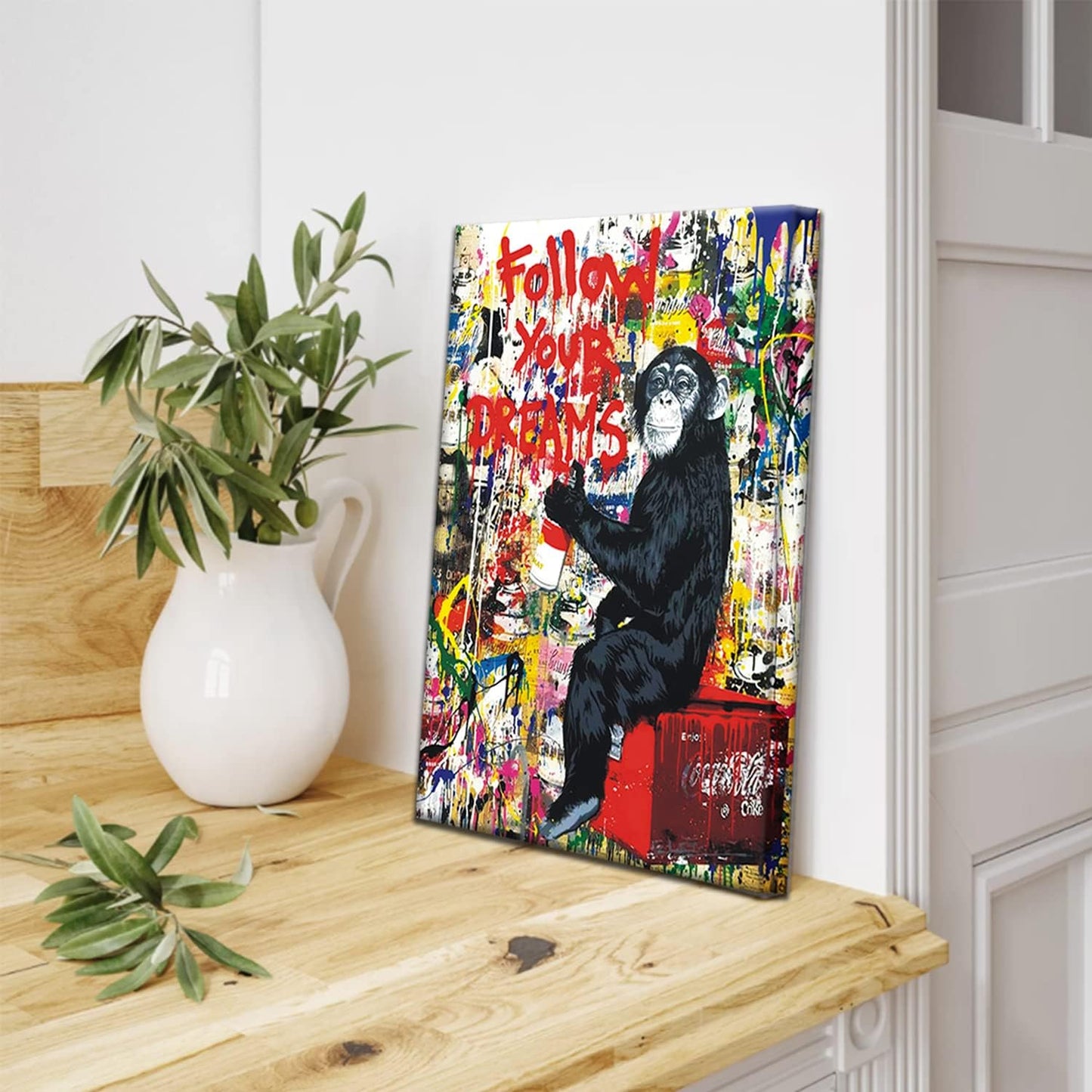 **AKOTAC Monkey Street Graffiti Canvas Print - Follow Your Dreams Animal Art for Living Room & Office Decor**