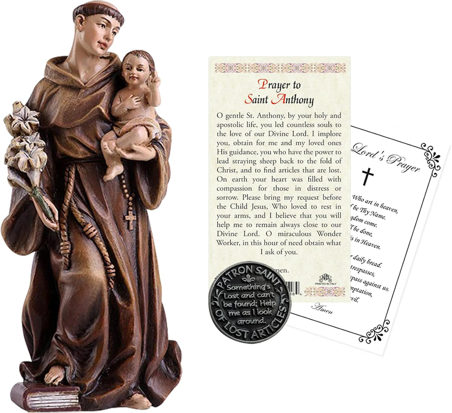 Trendzeen St. Anthony of Padua Statue Figurine - 4 Inch with Laminated Prayer Card & Pocket Token Coin
