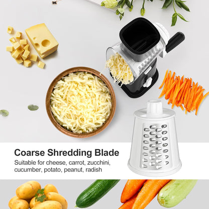 Ourokhome Cheese Grater - Crank Cheese Shredder & Mandoline Slicer with 5 Blades | Strong Suction Base, Black
