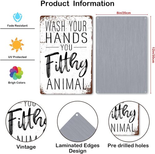 Funny Bathroom Wall Decor - 'Wash Your Hands You Filthy Animal' Metal Sign | 8x12 Inches Humor Gift
