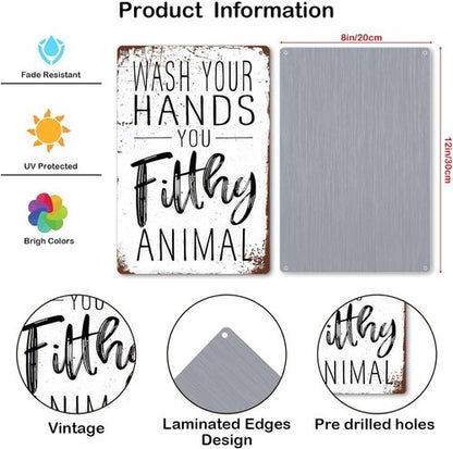Funny Bathroom Wall Decor - 'Wash Your Hands You Filthy Animal' Metal Sign | 8x12 Inches Humor Gift