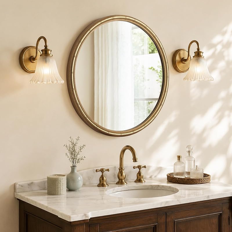 24 Inch Gold Round Wall Mirror with Bamboo Textured Frame - Decorative Vanity Circle Mirror (24"L x 24"W)