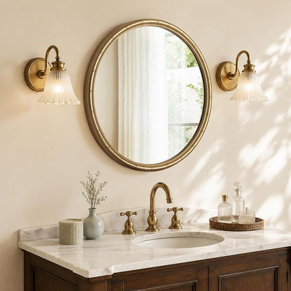 24 Inch Gold Round Wall Mirror with Bamboo Textured Frame - Decorative Vanity Circle Mirror (24"L x 24"W)