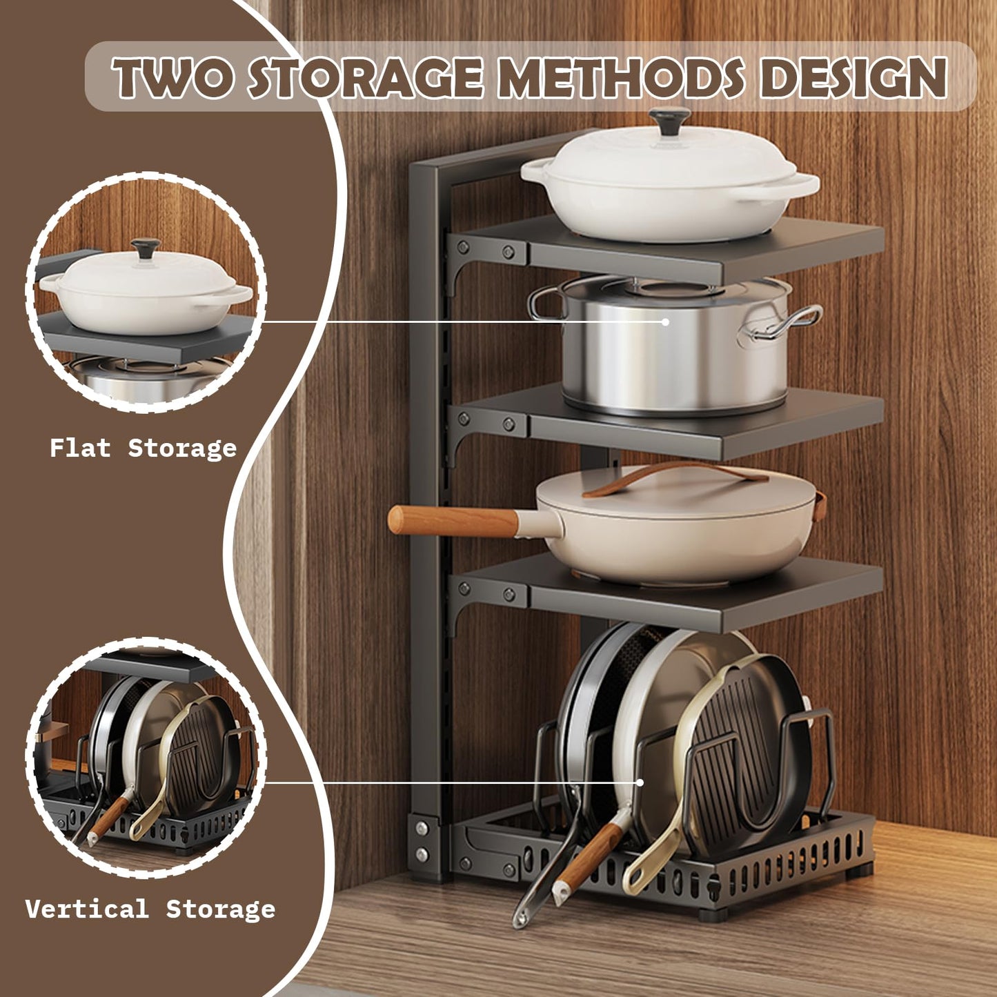 XPIY Pots and Pans Organizer under Cabinet, Cutting Board Pot Lid Storage Rack with 4 Adjustable Tiers and 7 Storage Units, Pan Holder under Sink, 25% Thicker Kitchen Metal Heavy Duty Pan Organizer