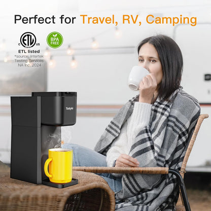 Mini Coffee Maker by [Brand Name] - Hot & Iced Single Serve for K-Cup & Ground Coffee | 6-14 Oz Brew Sizes, Classic Black