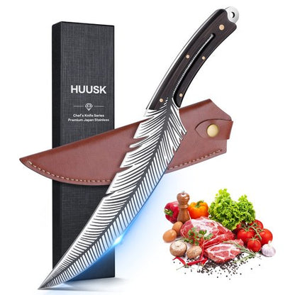Huusk Japan Knife Feather Knife Hand Forged Viking Knife High Carbon Steel Butcher Knife Boning knife for Meat Cutting Japanese Chef Knives Cooking Knife with Sheath for Kitchen Camping Gift for Dad
