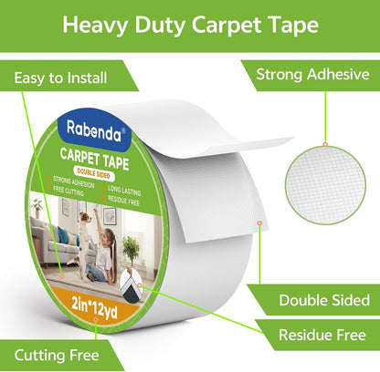 Rabenda Double-Sided Carpet Tape - 2 Inch x 12 Yards Removable Rug Tape for Hardwood & Tile Floors - No Residue Anti-Slip Gripper