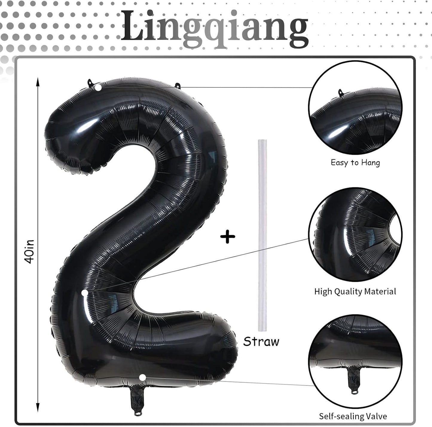 Skiennix Black Foil Number 2 Balloon - 40'' Giant Self-Inflating Helium Balloon for 2nd Birthday & Celebrations