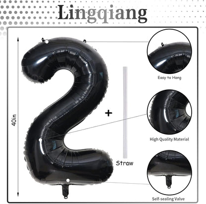 Skiennix Black Foil Number 2 Balloon - 40'' Giant Self-Inflating Helium Balloon for 2nd Birthday & Celebrations