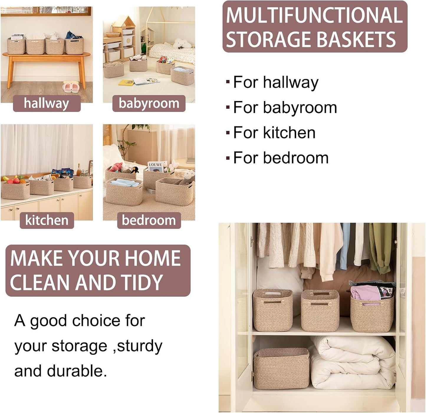 OIAHOMY Storage Baskets - 4 Pack Woven Organizing Bins with Handles | 12.7''L x 9''W x 7.8''H, Brown