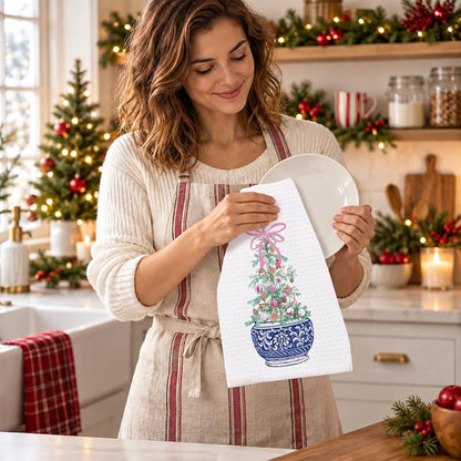 Chinoiserie Christmas Kitchen Towels, 16x24 in, Set of 2 with Blue Bow – Holiday Hand Towels