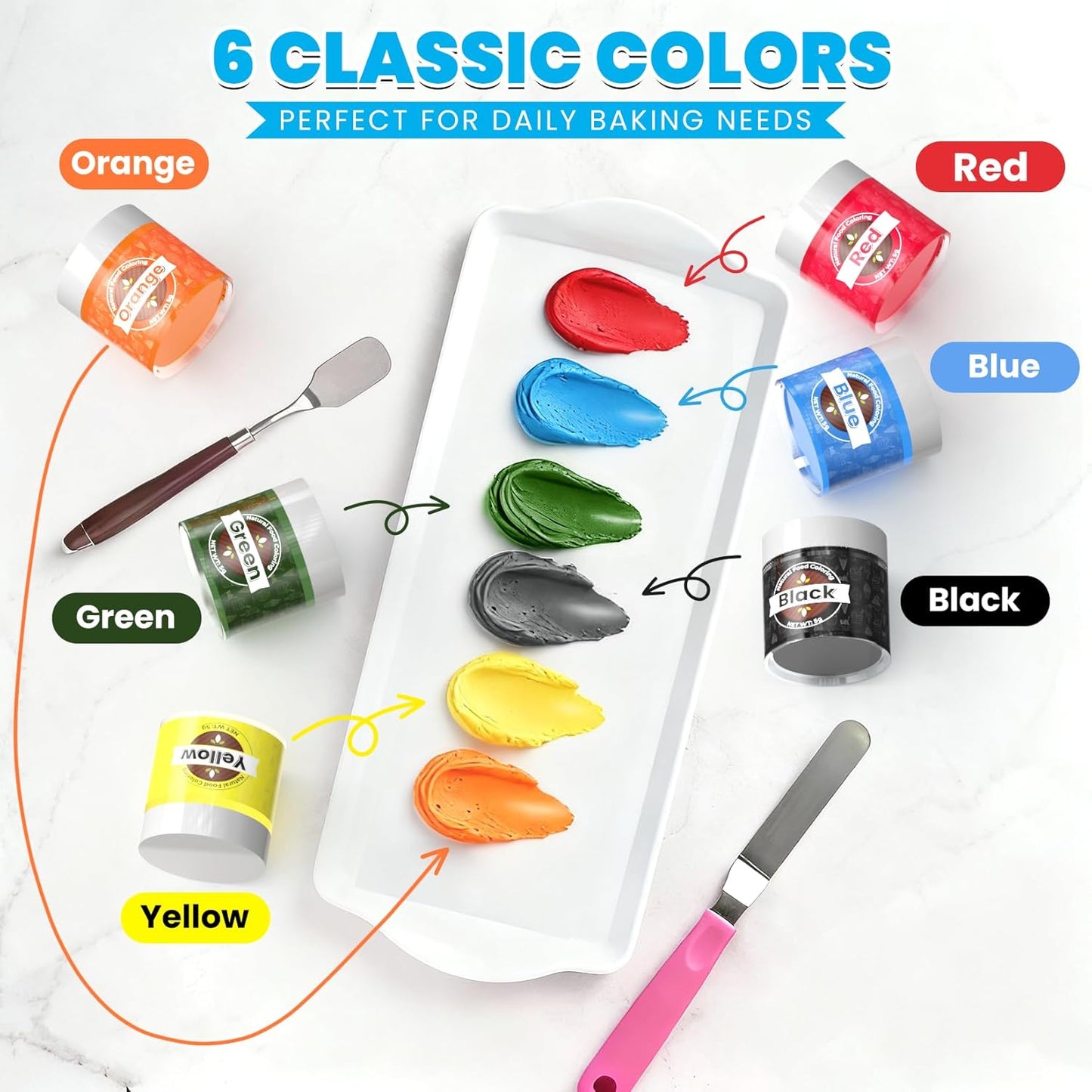 Natural Food Coloring - 6 Colors of Non-Toxic, Hyper-Concentrated Dye-Free Powder | 5g/Bottle